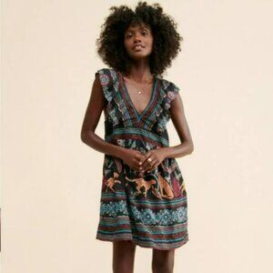 Anthropologie V-Neck Plunge Tunic Floral Ruffled Detail Printed Mini Dress Sz XS